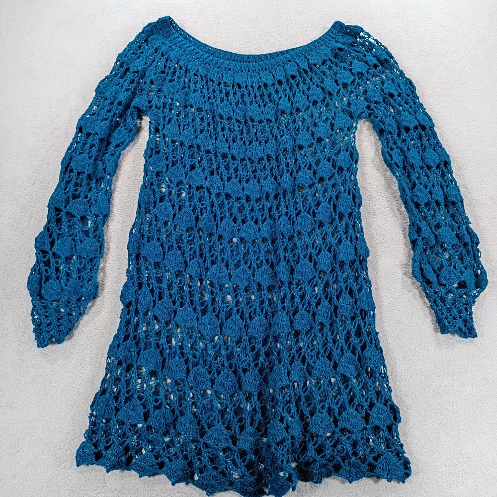 Handmade Women Crochet Tunic Teal Blue Small Open Knit Boho Layering Top